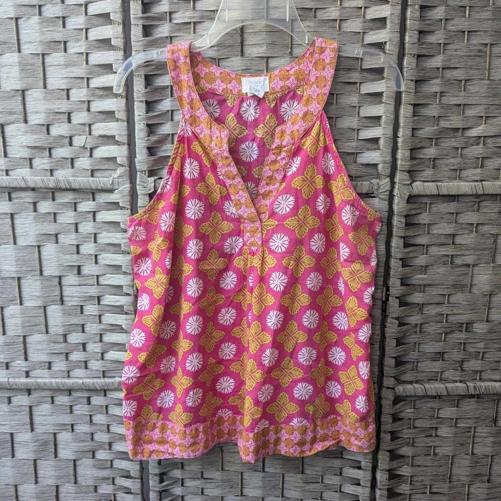 Sigrid Olsen Tank Top Pink Yellow Floral Geometric Cotton Sz M Boho Feminine